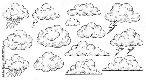 Set of 14 Hand Drawn Cloud Vector Illustrations with Rain and Lightning