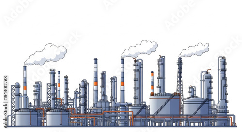 Industrial Factory with Smokestacks and Tanks.