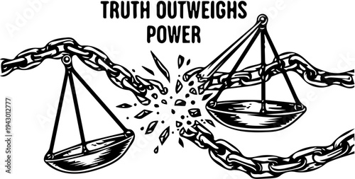Symbolic Scales of Justice Depicting Truth Prevailing Over Power, Breaking Chains of Oppression and Injustice