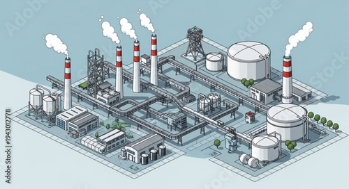 Industrial Factory with Smokestacks and Tanks.