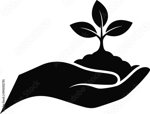 Hand holding young plant seedling symbol, eco growth concept, nature protection, sustainability gardening icon, environmental care, flat vector illustration