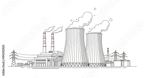Industrial Factory with Smokestacks and Towers.