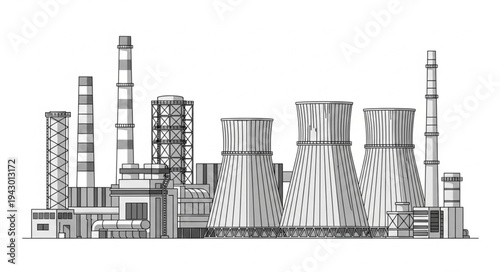 Industrial Factory with Smokestacks and Towers.