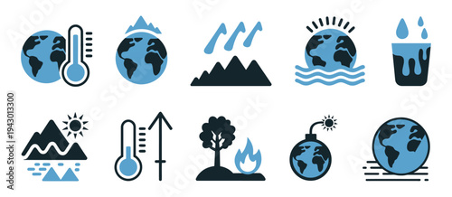 Climate Change Icons Showing Global Warming, Rising Temperatures, Melting Ice, Extreme Weather