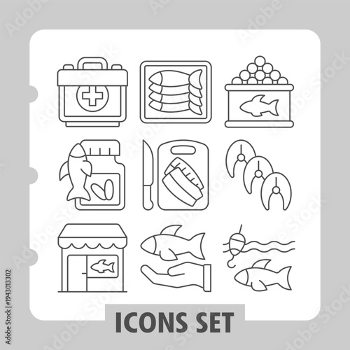 First aid kit, fish pills, fishery shop icons, collection illustrating concepts such as seafood industry, healthcare, processing and market commerce. Set of nine thin line icons on white background.