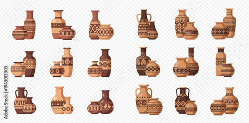 Collection of traditional clay pottery and ceramic vases with ethnic patterns, decorative elements for home interior.