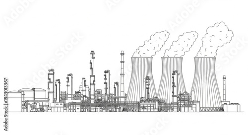 Industrial Factory with Smokestacks Emitting Smoke.