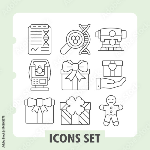 Genetics test, optics, gift box icons, collection illustrating concepts such as scientific research, engineering measurement, celebration and holiday. Set of nine thin line icons on white background.