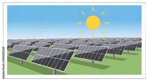 Solar panels in a green field under sunny blue sky