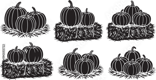 Black and white illustration of pumpkins on hay bales