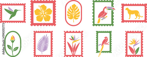 Tropical postage stamp icon collection with bird flower leaf animal and travel themed illustrations