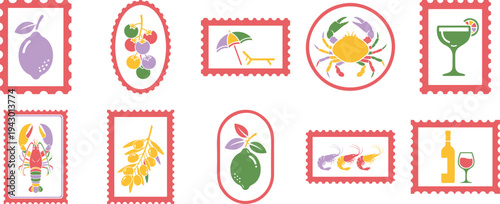 Fruit and seafood postage stamp icon set with lemon grape shrimp lobster and summer drink vector
