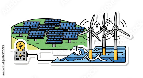 Renewable energy sources, solar panels and wind turbines