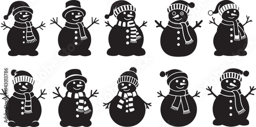 Set of cute snowmen in various winter hats scarves