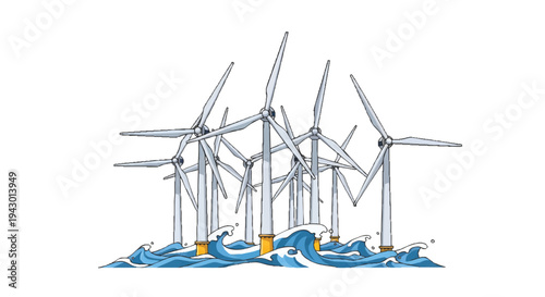offshore wind turbines in ocean waves, renewable energy concept