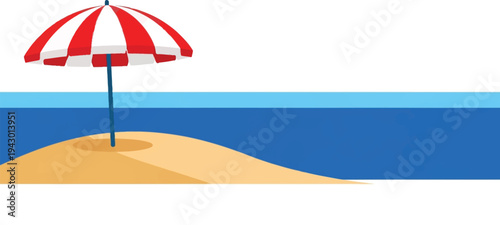 Red and white beach umbrella on sandy hill with ocean view in sunny weather for travel advertising