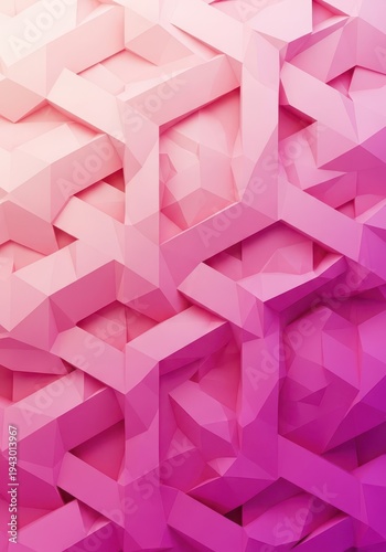 Three dimensional geometric structure displays a gradient of pink hues from light to deep saturation