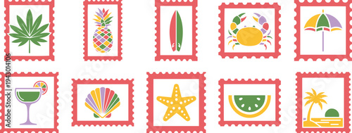 Tropical themed postage stamp icon set with pineapple crab surfboard umbrella cocktail shell and beach elements