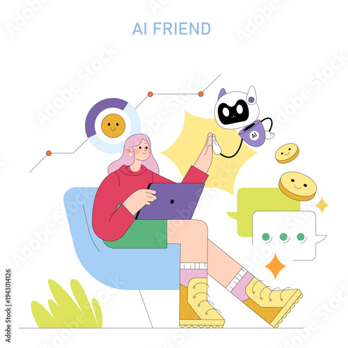 Woman Interacting with AI Robot Vector Illustration