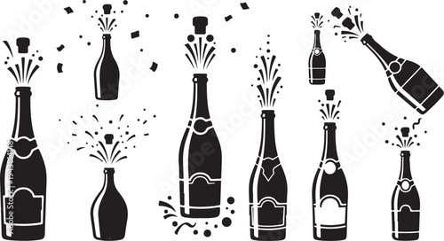 Black and white champagne bottles celebration party icons set