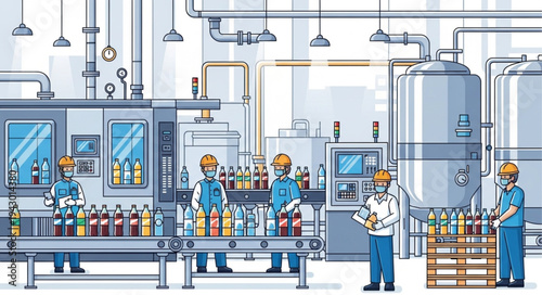 Industrial Factory Workers Producing Bottles.
