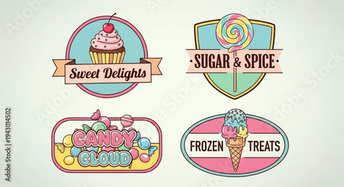 Collection of four vintage sweet shop logos and badges.