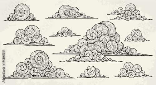 Hand Drawn Engraved Style Oriental Swirling Clouds Set Vector Illustration isolated PNG with Transparent Background