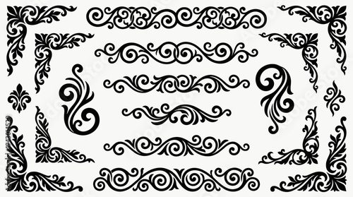 Elegant collection of black vintage ornate scrollwork and flourish design elements, including decorative corners, horizontal borders, and individual swirls.