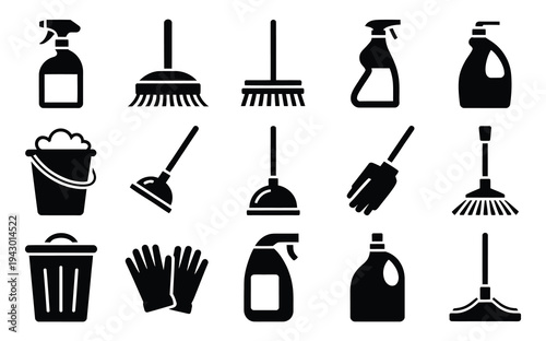 Cleaning Tools Silhouette Icons with Household Sanitation Equipment, Brooms, Mops, Buckets, Brushes, Spray Bottles, Vector Illustration.