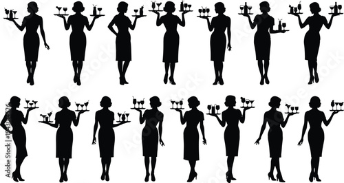 Waitress silhouettes collection carrying trays with cocktails and drinks elegant restaurant service staff illustration set