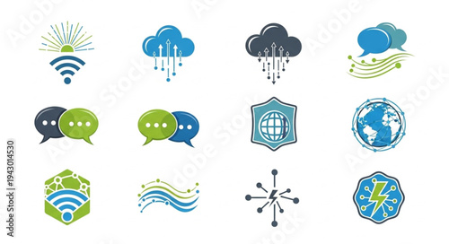 Collection of modern technology and communication icons.