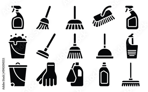 Cleaning Tools Silhouette Icons with Household Sanitation Equipment, Brooms, Mops, Buckets, Brushes, Spray Bottles, Vector Illustration.
