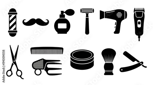 Collection of black silhouette icons representing various tools and accessories found in a barber shop or used for men's grooming.