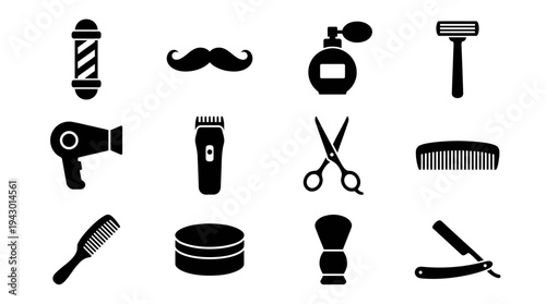 Black silhouette icons of barber shop and grooming tools including razor, comb, scissors, hairdryer, clipper, and mustache on white background.
