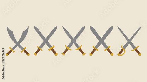 Six pairs of stylized crossed swords with golden hilts and brown grips, arranged horizontally on a light background.