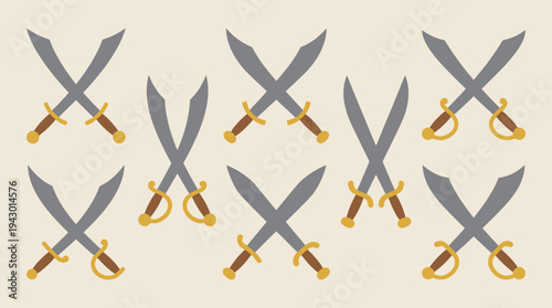 An array of cartoonish crossed sabers with golden hilts, depicting a pirate or battle theme.