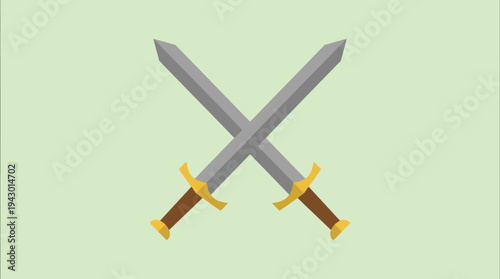 Two crossed swords with golden hilts and brown grips on a light green background in a flat design style.