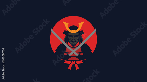 Stylized samurai warrior with crossed katanas against a red sun on a dark background, representing Japanese culture and martial arts.