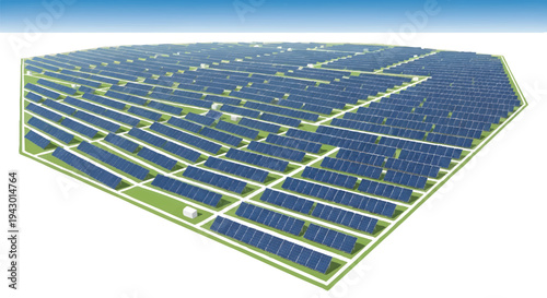 Large solar panel array on white background, renewable energy concept