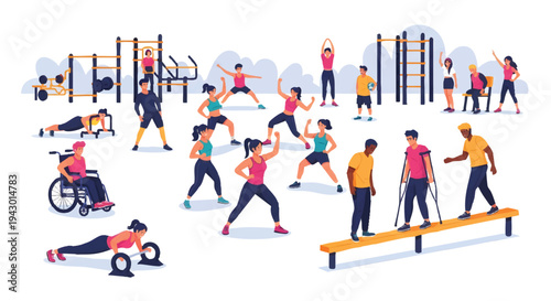 People exercising outdoors in a park with fitness equipment