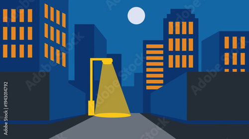 A minimalist illustration of a city street at night with a glowing streetlamp and illuminated building windows under a full moon.