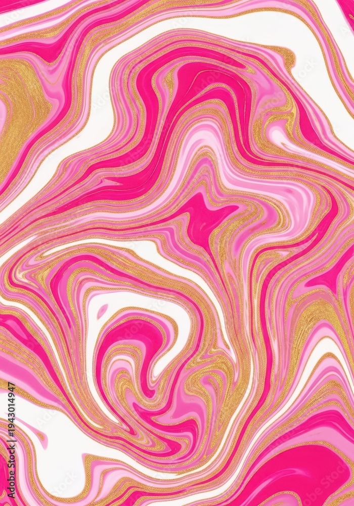 Obraz premium Swirling pattern of bright pink, white, and metallic gold creates a luxurious marbled texture.