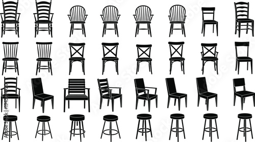 Chair silhouettes collection set, wooden furniture seating variations isolated, interior design elements pack, cad drawing flat vector illustration