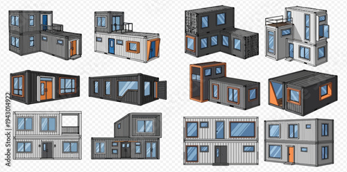 Set of modern modular container houses and buildings for various uses.