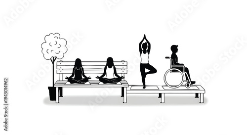 People meditating and exercising in park with tree