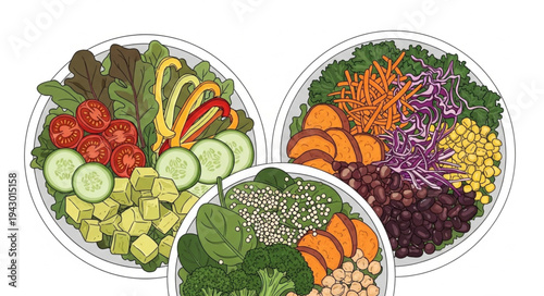 Three healthy bowls of fresh vegetarian food.