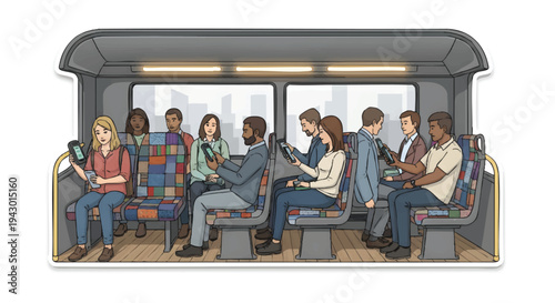 Commuters riding on a train with diverse passengers inside