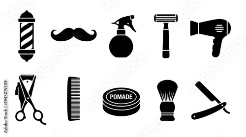 A collection of black silhouette icons representing various tools and symbols associated with barber shops, hair styling, and men's grooming.