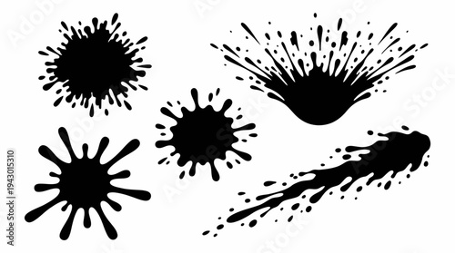 Collection of various black ink splatters, splashes, and drips on a white background, depicting different forms of liquid impact and dispersion.