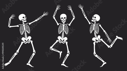 Three white cartoon skeletons dancing happily on a dark background, celebrating Halloween or a party.